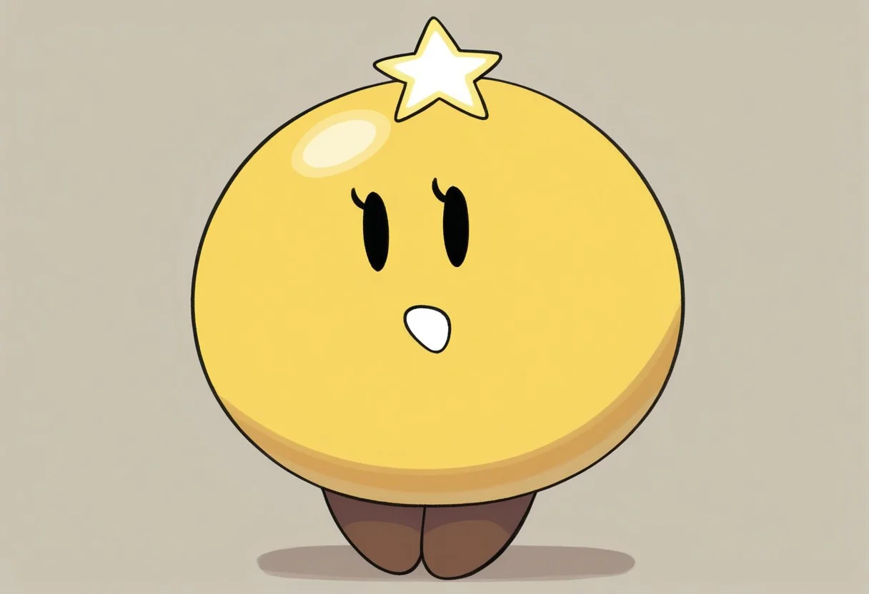 masterpiece, best quality, solo, full body, starlow, round body, yellow body, black eyes, solid oval eyes, eyelash, star above head, brown feet, star \(symbol\), white mouth, two feet, no hands, no arms,
