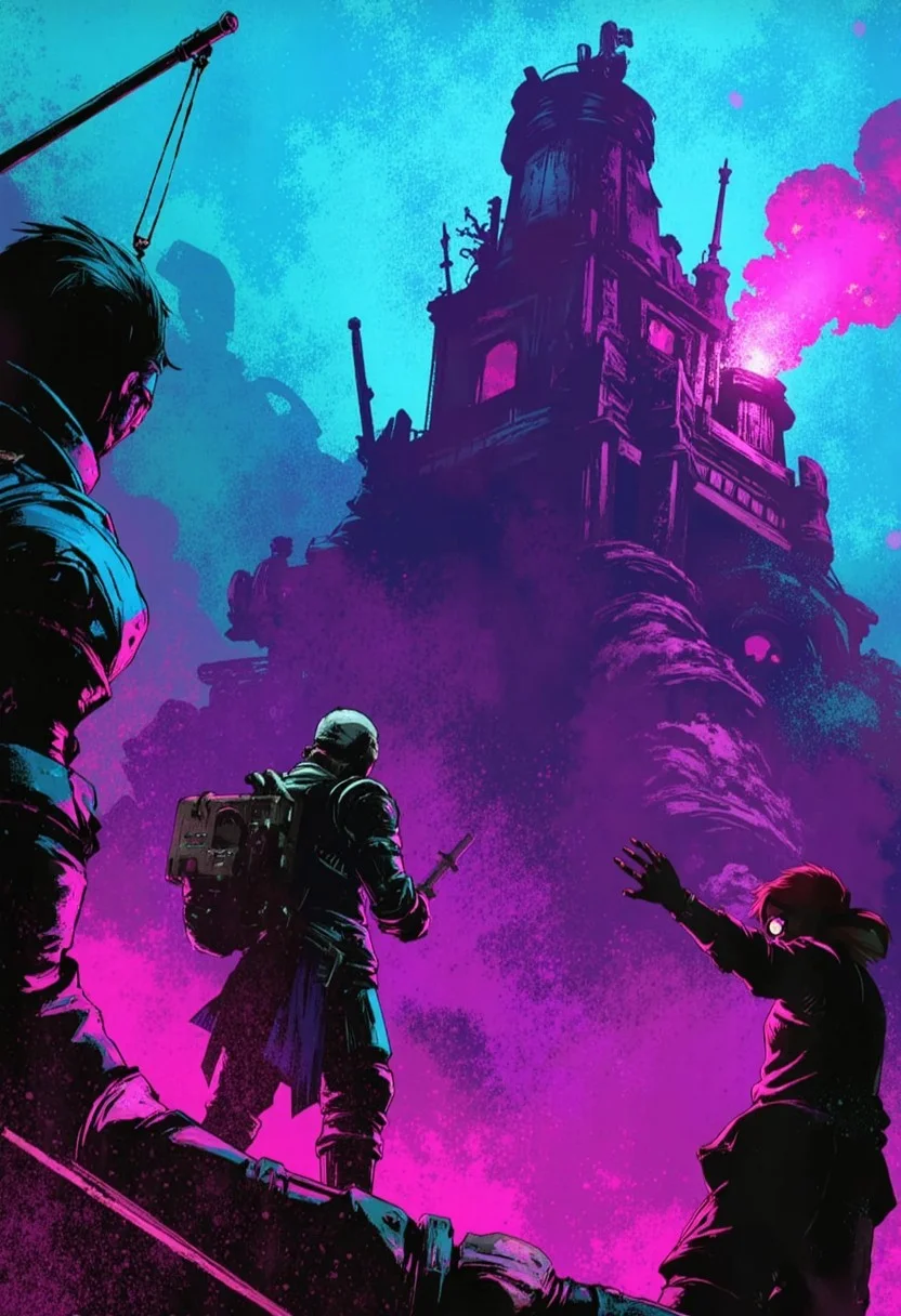 ArcaneFGTNR, Sci-fi mech, neon brushstrokes, vibrant electric tones, glowing patterns, futuristic textures,
A towering fortress in the Lowlands, besieged by Shadow Beasts. The siege engines and battlements are silhouetted against a sky lit by otherworldly flames, casting everything in a somber blueish-purple glow.,
in the style of the decaying empire of Würstreich, dark magic and grotesque creatures abound, inspired by Sean Aaberg's punk aesthetic, dark fantasy world combines grim landscapes with vibrant, exaggerated colorful art, heroes skirmish monstrous foes in a setting where rebellion, decay, and mysticism intertwine, crafting a unique, immersive vibe
, radiant abstract, high-tech details, cybernetic brilliance, luminous fusion