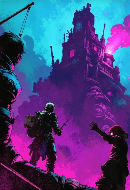 ArcaneFGTNR, Sci-fi mech, neon brushstrokes, vibrant electric tones, glowing patterns, futuristic textures,
A towering fortress in the Lowlands, besieged by Shadow Beasts. The siege engines and battlements are silhouetted against a sky lit by otherworldly flames, casting everything in a somber blueish-purple glow.,
in the style of the decaying empire of Würstreich, dark magic and grotesque creatures abound, inspired by Sean Aaberg's punk aesthetic, dark fantasy world combines grim landscapes with vibrant, exaggerated colorful art, heroes skirmish monstrous foes in a setting where rebellion, decay, and mysticism intertwine, crafting a unique, immersive vibe
, radiant abstract, high-tech details, cybernetic brilliance, luminous fusion