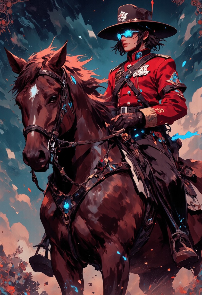RCMP Musical Ride Illuminated
"Mh1$AgThS2
An RCMP officer appears in extreme closeup from a dramatic low angle, the iconic red serge uniform tilted across the frame as if photographed during the Musical Ride. The traditional Mountie garb glows with subtle technological elements—the Stetson incorporating advanced communications arrays disguised as the traditional hatband, the scarlet tunic containing distributed protective materials that harden instantly upon impact. The officer's horse has been augmented with biometric monitoring systems that appear as flowing patterns of diagnostic blue beneath its skin, while its hooves contain terrain adaptation technology that ensures perfect traction across any surface. Augmented reality interfaces disguised as traditional sunglasses provide the officer with real-time environmental data, the information visible only to the wearer as glowing text.
The entire composition radiates with the dignified energy of tradition enhanced through technological respect, the vibrant red of the uniform standing out against the cool blues of augmented tools.
Thin border of RCMP regimental numbers that encode officer achievements on an epic border background."