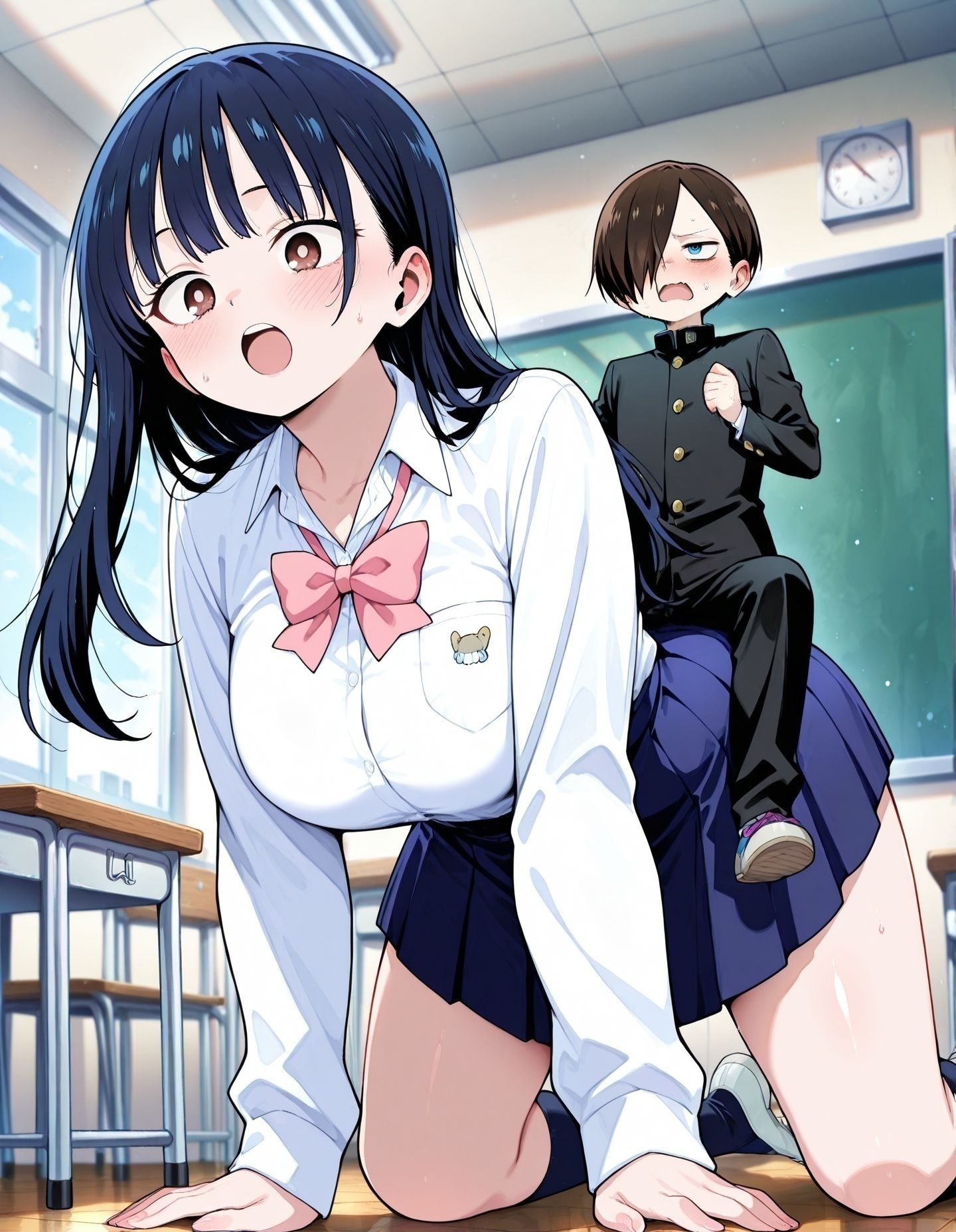 masterpiece, best quality, newest, absurdres, highres, detailed eyes, beautiful, detailed background, perfect eyes, anime coloring, anime screencap,
<lora:Small_Dom_Big_Sub:1>SDBS_V1, 
2girls, breasts, open mouth, 
Piggyback Riding on all fours,
size difference, 
classroom, 
Yamada Anna ,boku no kokoro no yabai yatsu, official art, 
ichikawa kyoutarou, 
school uniform,