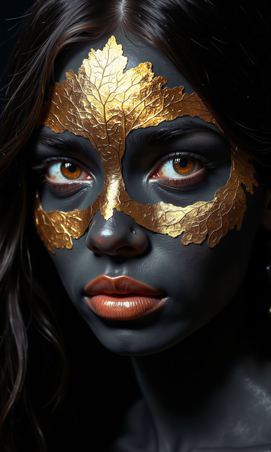 Close-up portrait of a woman. 
Her face is dark gray/black, with gold leaf-like accents covering the forehead, cheeks, and  the upper parts of her eyes and cheeks, creating a mask-like effect.  The gold leaf has a textured, detailed appearance. Her eyes are a light amber/brown color, and her lips are a rich, gold-colored lipstick. The lighting focuses on the face, creating strong highlights and shadows. 
The background is completely black, focusing all visual attention on the woman's face and the gold leaf mask. The hair is dark and falls around the lower half of the image. The overall impression is one of dramatic beauty, with an almost otherworldly quality.
<lora:FLUX-daubrez-DB4RZ-v2:1> DB4RZ, DB4RZ style painting