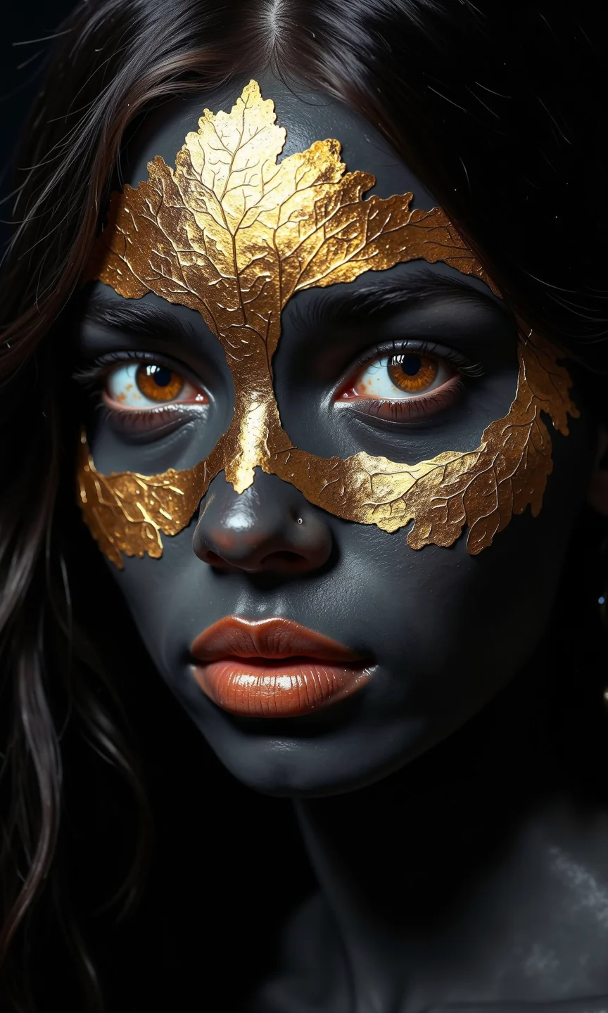 Close-up portrait of a woman.
Her face is dark gray/black, with gold leaf-like accents covering the forehead, cheeks, and the upper parts of her eyes and cheeks, creating a mask-like effect. The gold leaf has a textured, detailed appearance. Her eyes are a light amber/brown color, and her lips are a rich, gold-colored lipstick. The lighting focuses on the face, creating strong highlights and shadows.
The background is completely black, focusing all visual attention on the woman's face and the gold leaf mask. The hair is dark and falls around the lower half of the image. The overall impression is one of dramatic beauty, with an almost otherworldly quality.
<lora:FLUX-daubrez-DB4RZ-v2:1> DB4RZ, DB4RZ style painting