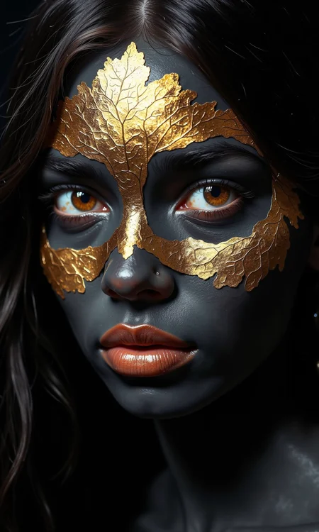 Close-up portrait of a woman. 
Her face is dark gray/black, with gold leaf-like accents covering the forehead, cheeks, and  the upper parts of her eyes and cheeks, creating a mask-like effect.  The gold leaf has a textured, detailed appearance. Her eyes are a light amber/brown color, and her lips are a rich, gold-colored lipstick. The lighting focuses on the face, creating strong highlights and shadows. 
The background is completely black, focusing all visual attention on the woman's face and the gold leaf mask. The hair is dark and falls around the lower half of the image. The overall impression is one of dramatic beauty, with an almost otherworldly quality.
<lora:FLUX-daubrez-DB4RZ-v2:1> DB4RZ, DB4RZ style painting