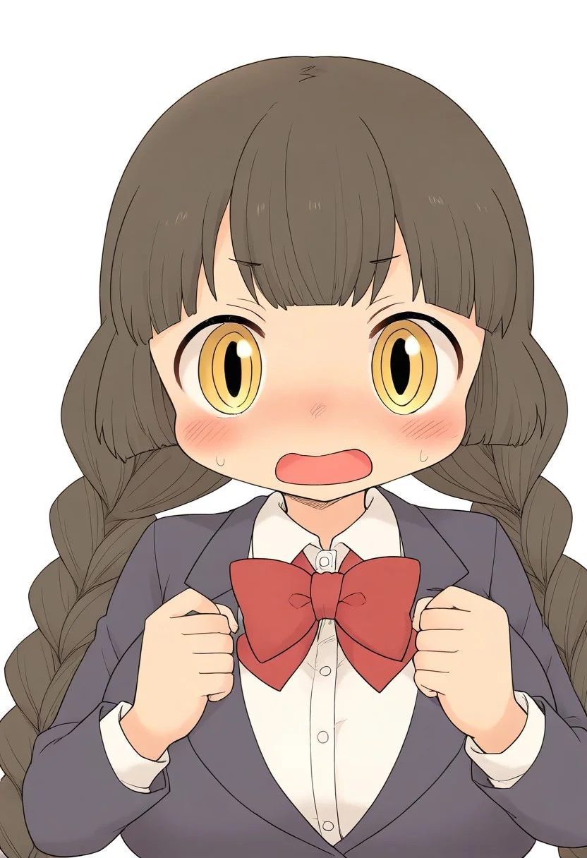 1girl,b_tubasa,light brown hair,large eyes, yellow irises,twin braids,low twintails,school uniform,dark gray blazer,white shirt,red bowtie