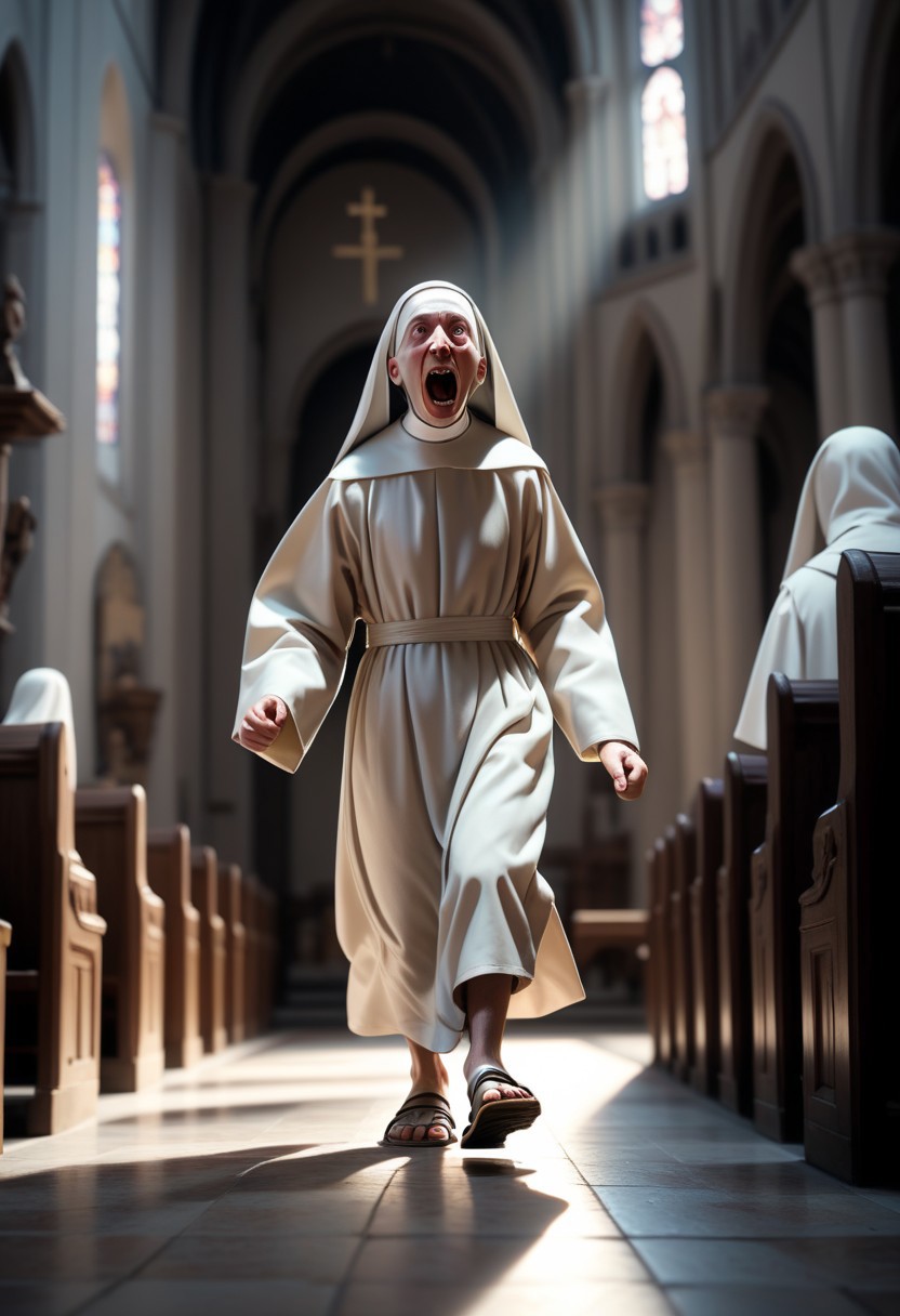 (best illustration), BREAK cinematic, highly professional, high contrast, BREAK lo-fi, soft colors, EnD_Irreverant_Nuns, solo, open mouth, 1boy, male focus, indoors, blurry, sandals, walking, running, robe, realistic, nun, statue, church  gradient overlay, lo-fidelity, chromatic abberation, film grain, masterwork ,specular highlights, rembrandt lighting, side lighting, extreme light and shadow, cinematic lighting, natural lighting, cinematic angle, best quality, masterpiece