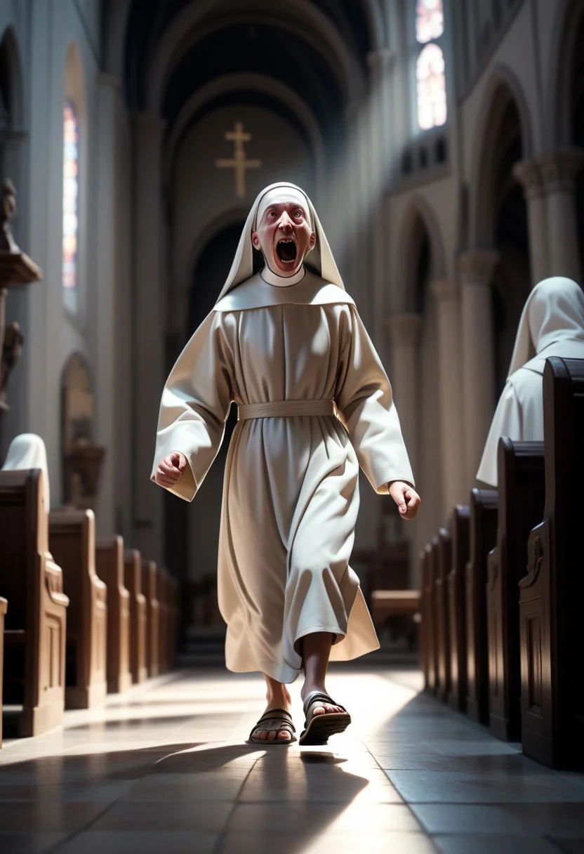 (best illustration), BREAK cinematic, highly professional, high contrast, BREAK lo-fi, soft colors, EnD_Irreverant_Nuns, solo, open mouth, 1boy, male focus, indoors, blurry, sandals, walking, running, robe, realistic, nun, statue, church gradient overlay, lo-fidelity, chromatic abberation, film grain, masterwork ,specular highlights, rembrandt lighting, side lighting, extreme light and shadow, cinematic lighting, natural lighting, cinematic angle, best quality, masterpiece