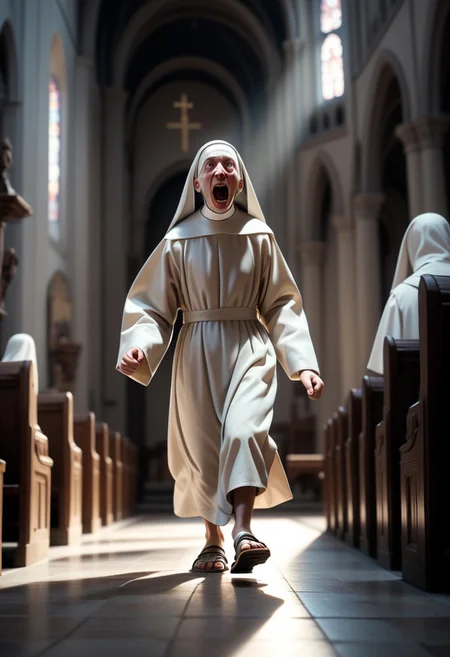 (best illustration), BREAK cinematic, highly professional, high contrast, BREAK lo-fi, soft colors, EnD_Irreverant_Nuns, solo, open mouth, 1boy, male focus, indoors, blurry, sandals, walking, running, robe, realistic, nun, statue, church gradient overlay, lo-fidelity, chromatic abberation, film grain, masterwork ,specular highlights, rembrandt lighting, side lighting, extreme light and shadow, cinematic lighting, natural lighting, cinematic angle, best quality, masterpiece