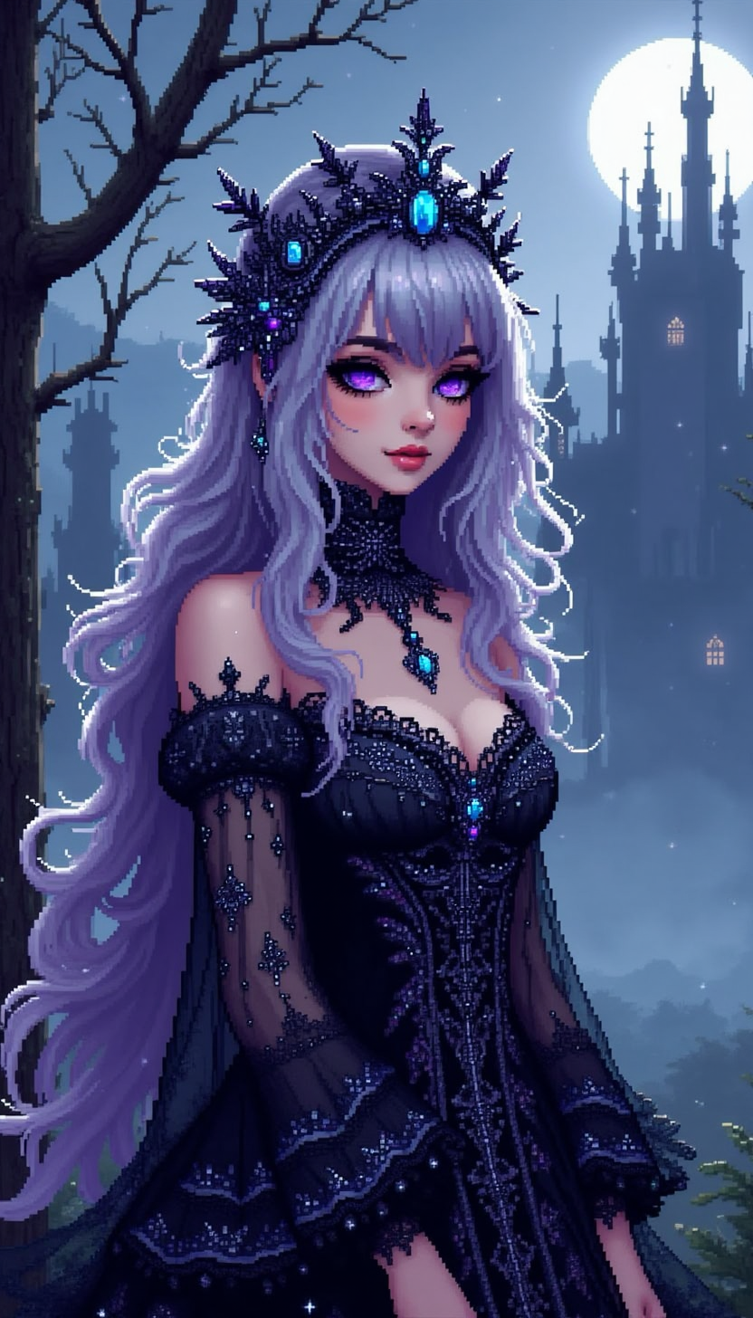 pinkpixelicious,
A darkly enchanting woman with long, silver hair streaked with deep amethyst. Her violet eyes gleam beneath an intricately jeweled, onyx crown. She wears a gothic gown of sheer black lace over layers of shimmering deep blue, embroidered with silver filigree. Behind her, a gothic palace emerges from the mist, bathed in eerie moonlight.