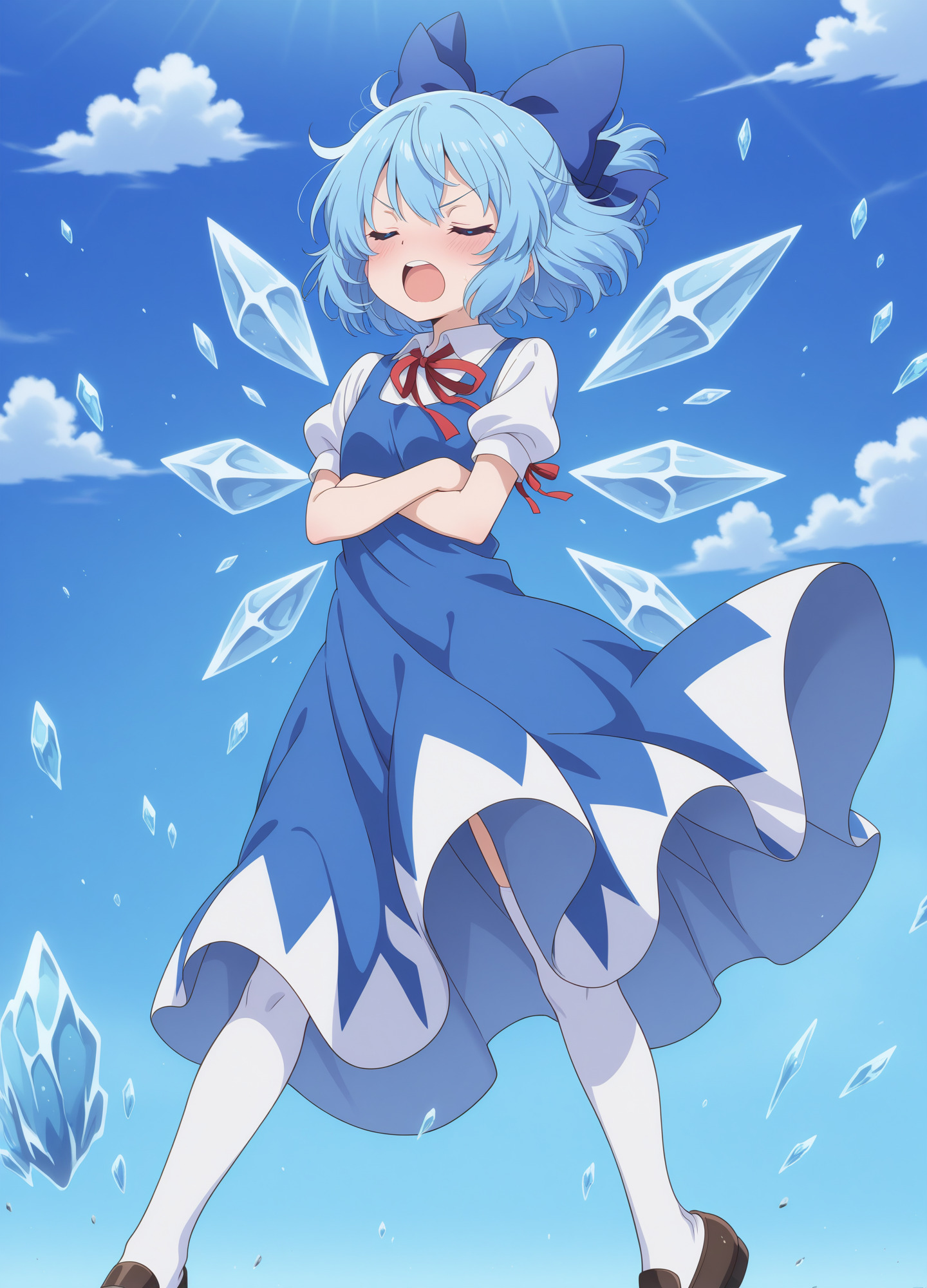 absurdres, highres, masterpiece, best quality, amazing quality, official anime artwork, screencap, anime screencap, outdoors, looking at viewer, open mouth, blush, confident, closed eyes, blush, wind, ice, danmaku, dynamic pose, 
 <lora:Cirno_Illustrious:1> cirno, 1girl, solo, blue eyes, blue hair, short hair, ice wings, ice,, bow, hair bow, dress, blue dress, short sleeves, blue bow, puffy sleeves, red ribbon,
