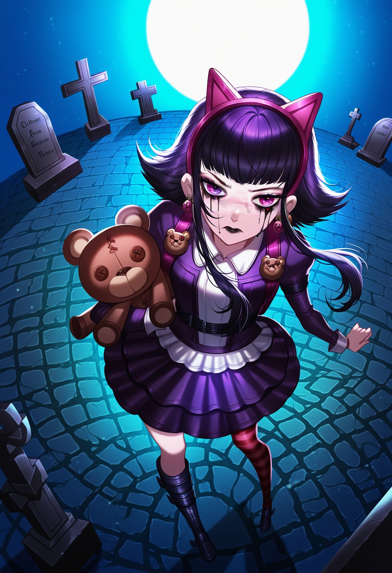 annie \(league of legends\), from above, full body, perspective, running mascara, looking at viewer, serious, black lips, goth annie, league of legends, citemer, liuruoyu8888, 1girl, solo, short hair with long locks,  blunt bangs, skirt, black hair, thighhighs, animal ears, jewelry, purple eyes, purple hair, earrings, boots, striped, cat ears, bag, moon, backpack, single thighhigh, full moon, asymmetrical legwear,  teddy bear,  tombstone, cobblestone, standing, 
(traditional media,:0.7)(hatching \(texture\),: :0.3)(masterpiece:0.5) scenery,