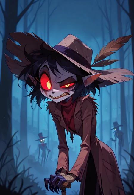 upper body, solo, scarecrow, pointy ears, glowing eyes, messy hair, claws, wide-brim hat, disgusted, uneven eyes, leaning forward, hands together, holding cane, outdoors, night, fog, cane, deformed, toon \(style\), masterpiece, best quality, amazing quality, 4K resolution, absurdres, ultra-detailed, sharp details, natural light, medium contrast, crisp edges, sharp focus, depth of field, HB-Illu