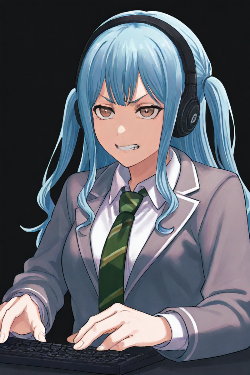 1girl,togawa sakiko,bang dream!,bang dream! it's mygo!!!!!,
dark theme,
very awa,light blue hair,holding,blue hair,brown eyes,collared shirt,diagonal-striped clothes,diagonal-striped necktie,green necktie,grey jacket,haneoka school uniform,jacket,long hair,long sleeves,looking at viewer,necktie,school uniform,shirt,sidelocks,solo,striped clothes,black background,white shirt,blazer,two side up,smile,looking at screen,computer,mouse,headphones,angry,typing,keyboard,clenched teeth,
masterpiece,best quality,aesthetic,
CSMcover-style,<lora:CSMcover-style_noob11_v3:0.9>,