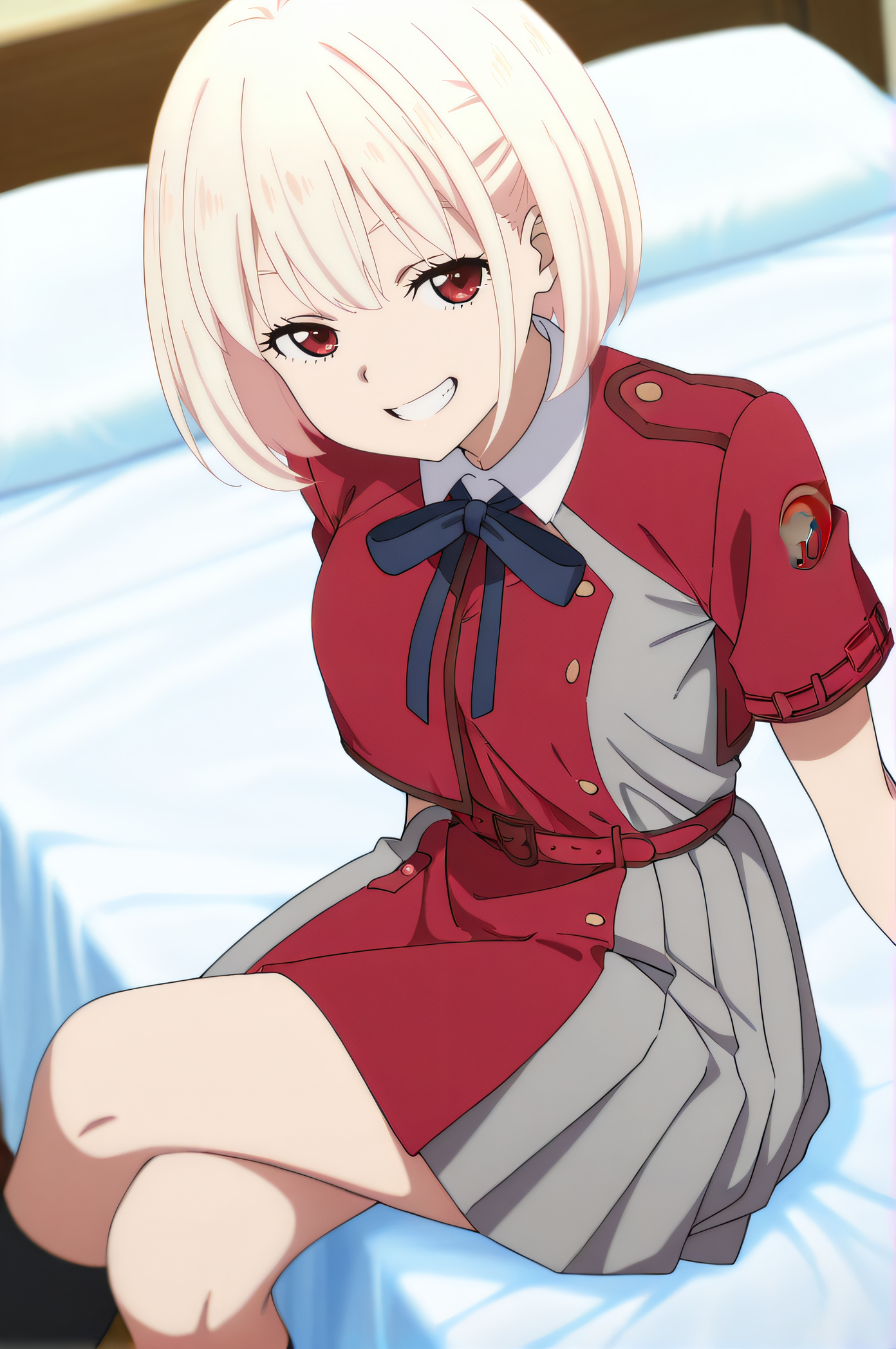 masterpiece, best quality, highres, newest, 1girl, solo, official style, anime screencap, <lora:Nishigiki_Chisato:1>, chisato, blonde hair, bob cut, red eyes, red lycoris uniform, short sleeves, looking at viewer, indoor, narrowed eyes, crossed legs, black socks, smile, teeth, sitting on bed, from above