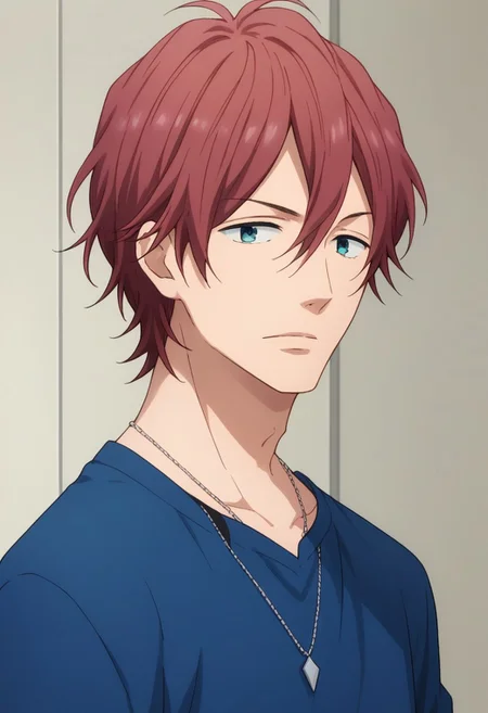score_9, score_8_up, score_7_up, source_anime, highly detailed,
tomoya, 1boy, solo, male focus, red hair, blue eyes, jewelry, necklace, shirt, blue shirt, long sleeves, pants, upper body