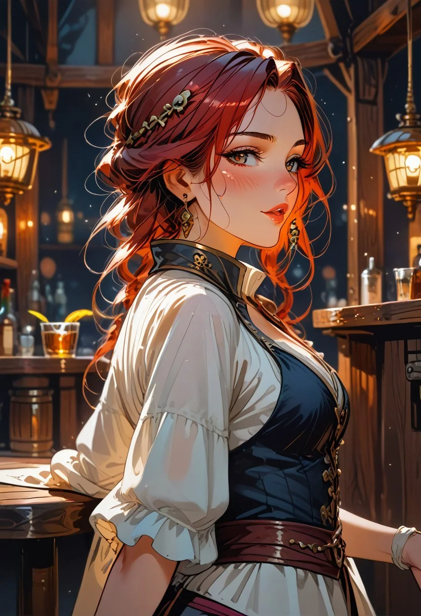 Score_9, score_8_up, score_7_up, intricately detailed, cinematic lighting, dynamic lighting, 8k, uhd, sharp focus, PirateQueen, 1 female, wearing intricate detailed pirate attire, luscious red hair, expressive hazel eyes, delicate soft lips, side profile, relaxed pose, dynamic pose
BREAK
Bustling seaside tavern, intricately detailed tavern, sitting on barstool, sitting at the bar, drunk expression, drink raised up, holding drink, eyes focused on her drink,