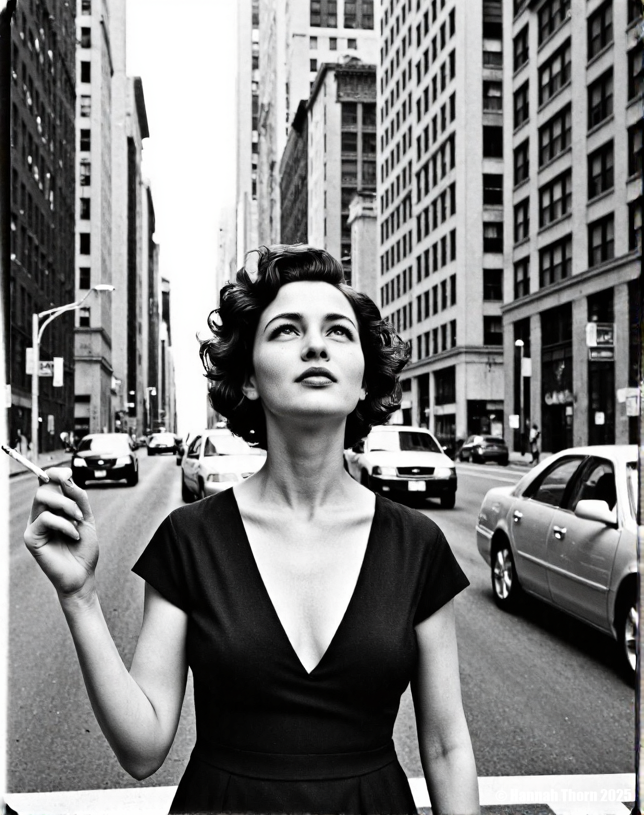 A realistic black and white photograph of a young beautiful brunette woman standing on a city street, wearing a black v-neck dress, with short curly hair, holding a cigarette in her hand, looking up at the sky, with tall buildings in the background, cars driving on the street, street signs on the buildings, daytime, medium shot, detailed face, realistic skin texture, film grain, high resolution, natural lighting, dramatic shadows, shot with a Leica camera, 50mm lens, f/2.8 aperture, 1/250 shutter speed, ISO 200, shot on Kodak Tri-X 400 film., <lora:_Flux\_Photographer\Helmut_Newton-000001.safetensors:0.8300000000000002:0.8300000000000002> <lora:_Flux\_Skin_Appearance\detailifier_flux-000006.safetensors:0.8300000000000002:0.8300000000000002> <lora:_Flux\_Skin_Appearance\Old_Beauty.safetensors:0.7500000000000001:0.7500000000000001>, A stunning black and white portrait of a young woman, her face partially obscured by a strip of 35mm film. The film runs vertically, bisecting her face, with the individual frames visible and adding an intriguing layer to the composition. Her expression is serene, eyes gazing slightly off-camera, framed by dark, wavy hair. The lighting is soft and diffused, creating subtle shadows that accentuate her features. The background is a soft, out-of-focus white, drawing attention to the subject. The overall mood is artistic and contemplative, evoking a sense of classic Hollywood glamour. The image is reminiscent of vintage photography, with a timeless quality. The contrast between the smooth skin and the textured film adds visual interest. The composition is simple yet effective, creating a captivating and memorable image., <lora:_Flux\_Photographer\Helmut_Newton-000001.safetensors:0.8300000000000002:0.8300000000000002> <lora:_Flux\_Skin_Appearance\detailifier_flux-000006.safetensors:0.8300000000000002:0.8300000000000002> <lora:_Flux\_Skin_Appearance\Old_Beauty.safetensors:0.7500000000000001:0.7500000000000001><lora:_Flux\_Photographer\Helmut_Newton-000001.safetensors:0.8300000000000002:0.8300000000000002> <lora:_Flux\_Skin_Appearance\detailifier_flux-000006.safetensors:0.8300000000000002:0.8300000000000002> <lora:_Flux\_Skin_Appearance\Old_Beauty.safetensors:0.7500000000000001:0.7500000000000001>
