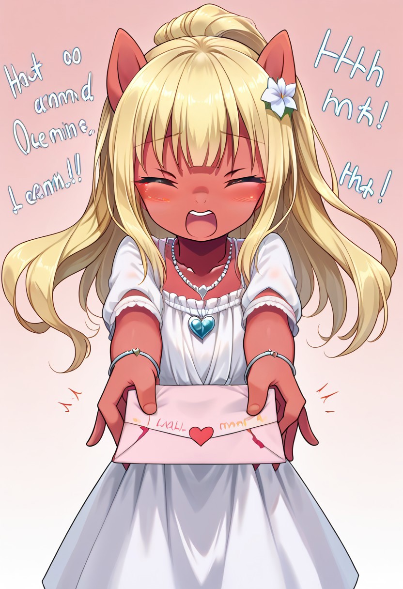 score_9, r0ug3, white dress, necklace, source_pony, ntm, <lora:love-letter-ponyxl-lora-nochekaiser:1>, love letter, heart, valentine, letter, confession, incoming gift, outstretched arms, closed eyes, shouting,
