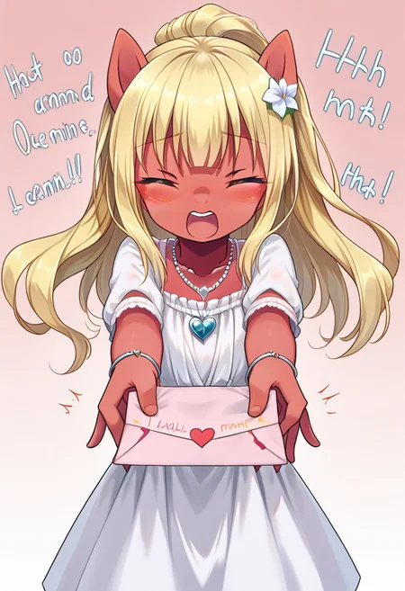 score_9, r0ug3, white dress, necklace, source_pony, ntm, <lora:love-letter-ponyxl-lora-nochekaiser:1>, love letter, heart, valentine, letter, confession, incoming gift, outstretched arms, closed eyes, shouting,