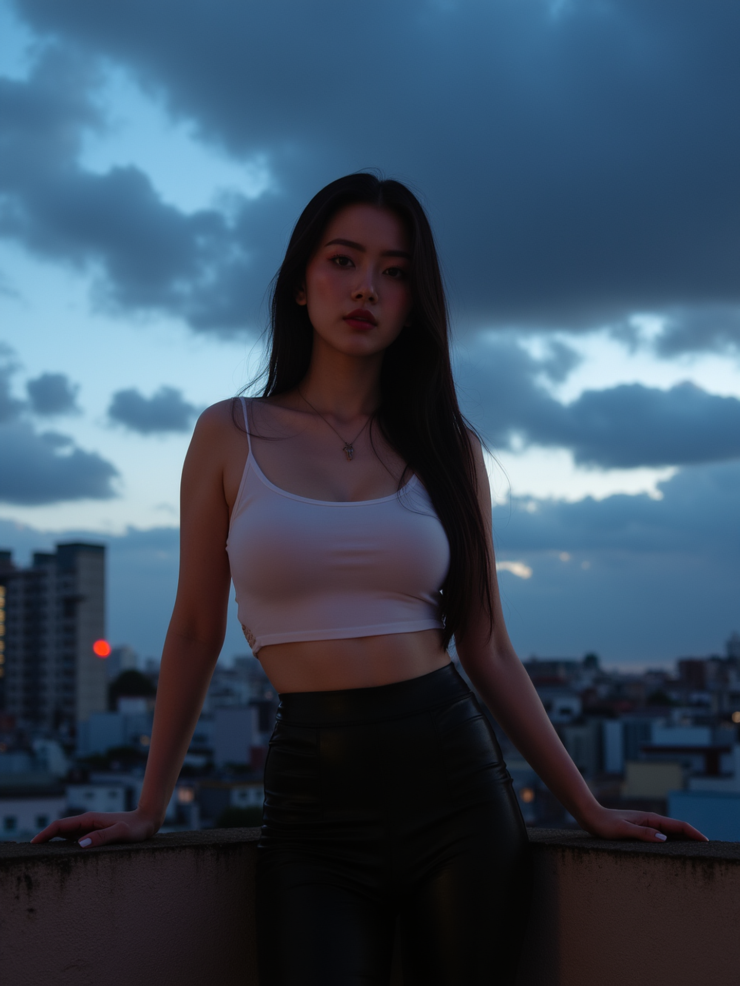[22]Realistic photograph, Frontal photography, Look front, evening, dark clouds, the setting sun, On the city rooftop, A 20 year large breasts old female, Pink top, Black Leggings,black hair, long hair, dark theme, muted tones, pastel colors, high contrast, (natural skin texture, A dim light, high clarity), ((sky background)), ((Facial highlights)), 
