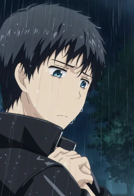 high resolution, solo, best quality, 1Boy, Arata Kaizaki, Black Hair, Blue Eyes, heavy rain, night, looking down, sad, leather jacket, looking away, wet, wet hair, OverallDetail