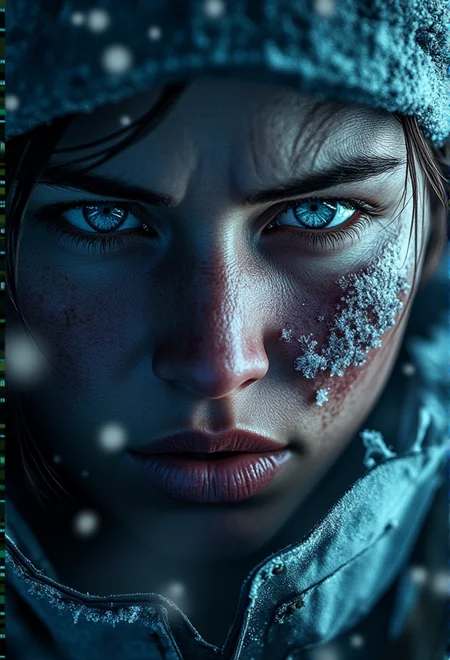 A close-up of a frost-covered, weary face with chapped lips and intense eyes, details of frozen eyelashes, under dramatic, moody lighting, snowflakes delicately resting on the skin, cinematic focus on facial texture and raw survivalist expression, illuminated by cold, blue-toned lighting, steam and frost swirling in the background, with the words âFrostpunk Styleâ prominently centered in the upper-middle area of the image, bold frost-cracked letters with a metallic texture that blend with the icy ambiance, appearing as if etched in frozen steel bv-fropunsty<lora:bv-frostpunk-style-v1.safetensors:1.0:1.0>