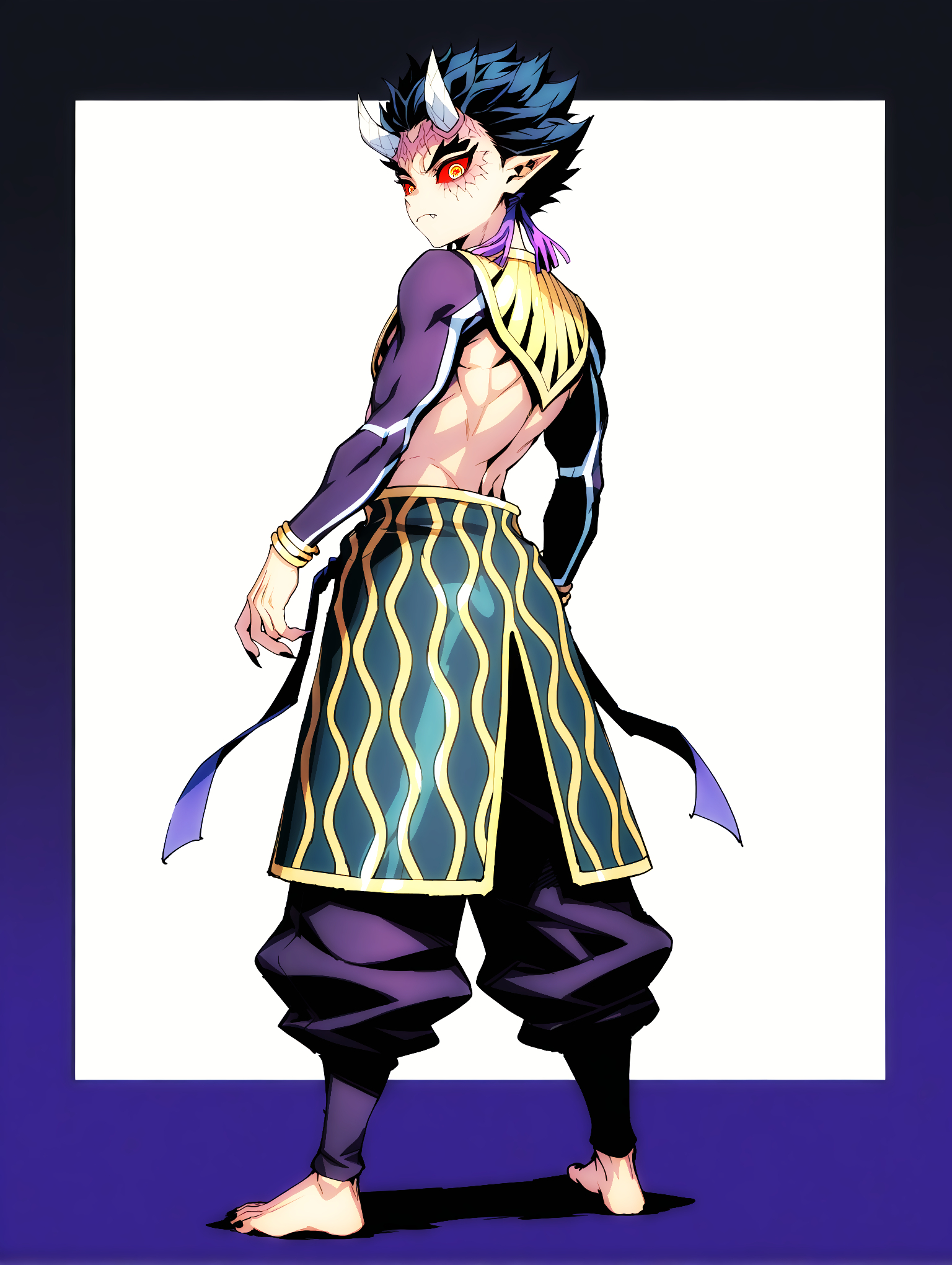 masterpiece, very aesthetic, best quality, solo, amazing quality, imtdzohakuten, 1boy, male, purple tassel, black hair, pointy ears, red sclera, yellow eyes, egyptian clothes, horns, covered arms, bracelet, pants, short hair, kanji pupils, barefoot, facial mark, spiked hair, fit body, toned, fangs, black nails, sharp fingernails, long sleeves, full body, from behind, looking back, closed mouth, cover, two tone background