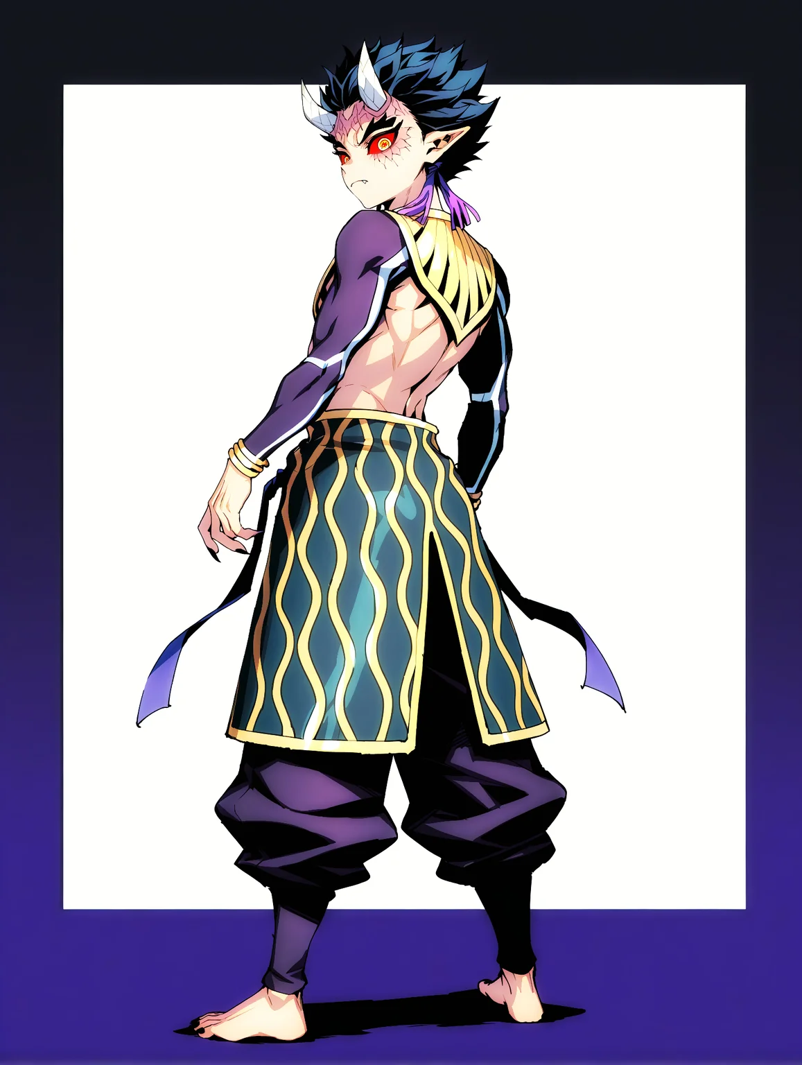 masterpiece, very aesthetic, best quality, solo, amazing quality, imtdzohakuten, 1boy, male, purple tassel, black hair, pointy ears, red sclera, yellow eyes, egyptian clothes, horns, covered arms, bracelet, pants, short hair, kanji pupils, barefoot, facial mark, spiked hair, fit body, toned, fangs, black nails, sharp fingernails, long sleeves, full body, from behind, looking back, closed mouth, cover, two tone background