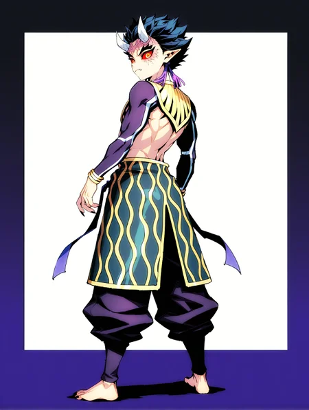 masterpiece, very aesthetic, best quality, solo, amazing quality, imtdzohakuten, 1boy, male, purple tassel, black hair, pointy ears, red sclera, yellow eyes, egyptian clothes, horns, covered arms, bracelet, pants, short hair, kanji pupils, barefoot, facial mark, spiked hair, fit body, toned, fangs, black nails, sharp fingernails, long sleeves, full body, from behind, looking back, closed mouth, cover, two tone background