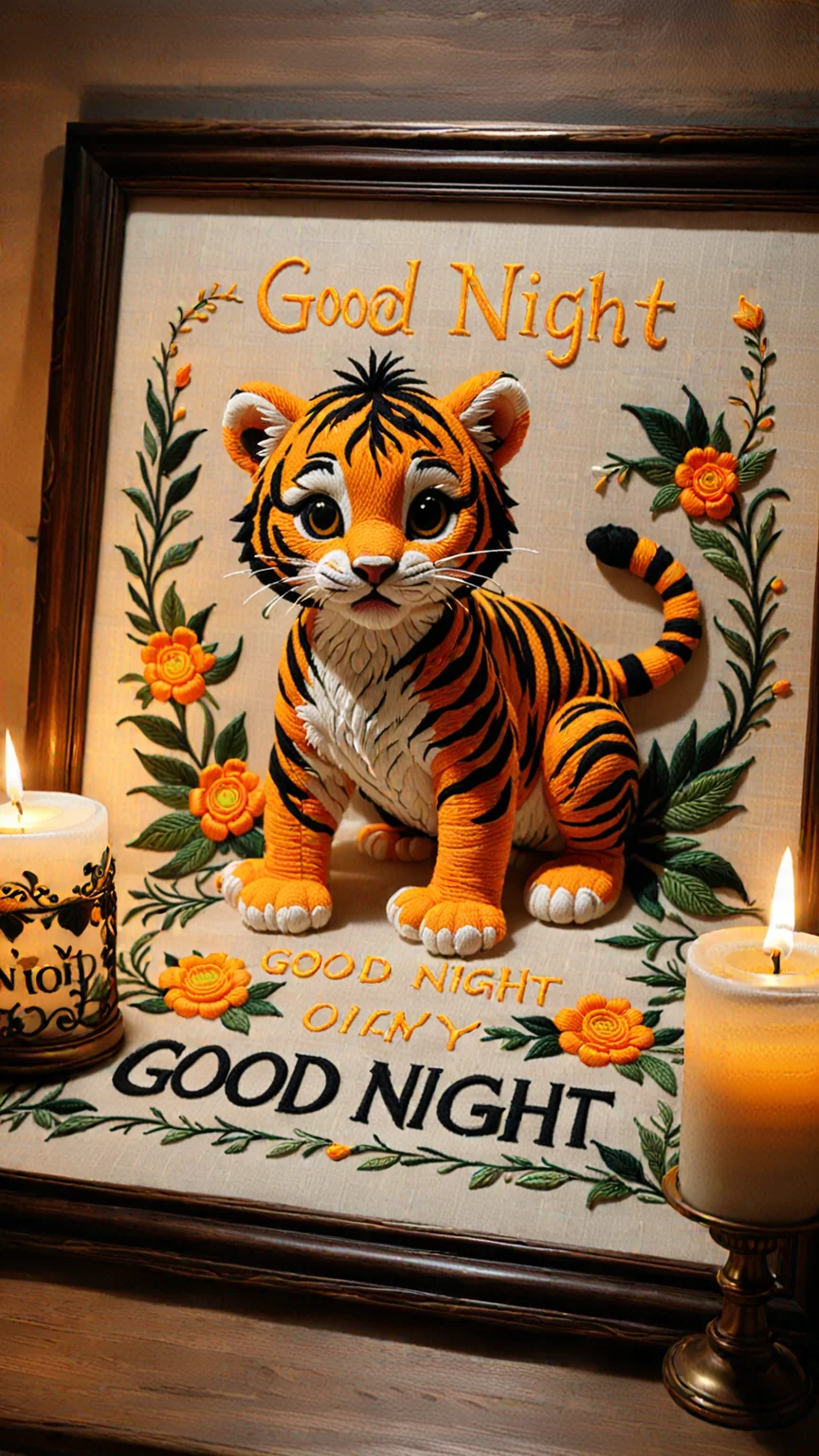 Resting on the kitchen table is an embroidered cloth with the text "good night" and an embroidered baby tiger. Next to the cloth there is a lit candle. The lighting is dim and dramatic. <lora:3D_Framed_Wall_Art_-_By_DICE:1>, (Framed 3D, good night),