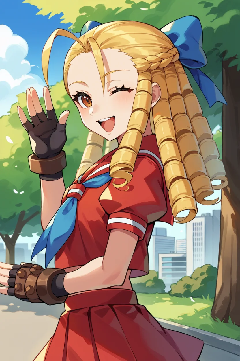 score_9, score_8_up, score_7_up, score_6_up, source_anime, BREAK 1girl, solo <lora:sfkarin-pdxl-nvwls-v1-000006:1> sfkarin, blonde hair, drill hair, hair bow, red sailor collar, short sleeves, red shirt, puffy short sleeves, blue neckkerchief, midriff, red skirt, shorts under skirt, fingerless gloves, wink, happy, waving, from side, sky, tree, park, city, looking at you
