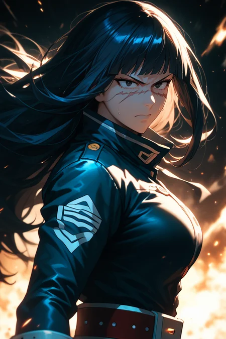 style of boku no hero academia,<lora:Expressive_H-000001>,<lora:modern_anime_screencap_v1_0:0.8>,source_anime,score_9,score_8_up,score_7_up,score_6_up,Volumetric Lighting,Cinematic Lighting,dark theme,dark background,low light,arena,looking ahead,
1girl,solo,<lora:age_slider_v4:1.5>,mature female,tall female,dark blue hair,straight hair,long hair,full bangs,asymmetrical bangs,blunt bangs,black eyes,pale skin,medium breasts,angry,sweat,from side,leather jacket,long sleeves,high collar,black multicolored legwear,steam,depth of field,scar on face,scar across eye,raised fists,fighting stance,punching,