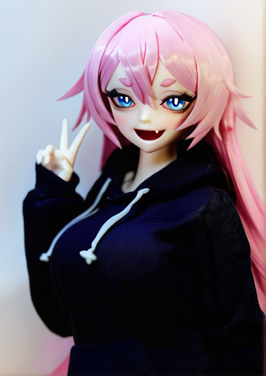 <lora:GRANADO:1.4>,1girl, rozaliya olenyeva, huge breasts, detailed background, nomal style, :d, black hoodie, blue eyes, bright pupils, drawstring, fang, hair between eyes, hand up, hood, hood down, hoodie, long sleeves, looking at viewer, pink hair, puffy long sleeves, puffy sleeves, short eyebrows, sleeves past wrists, slit pupils, smile, solo, thick eyebrows, upper body, v, white pupils, 
very awa, masterpiece, best quality, highres, absurdes,amazing quality