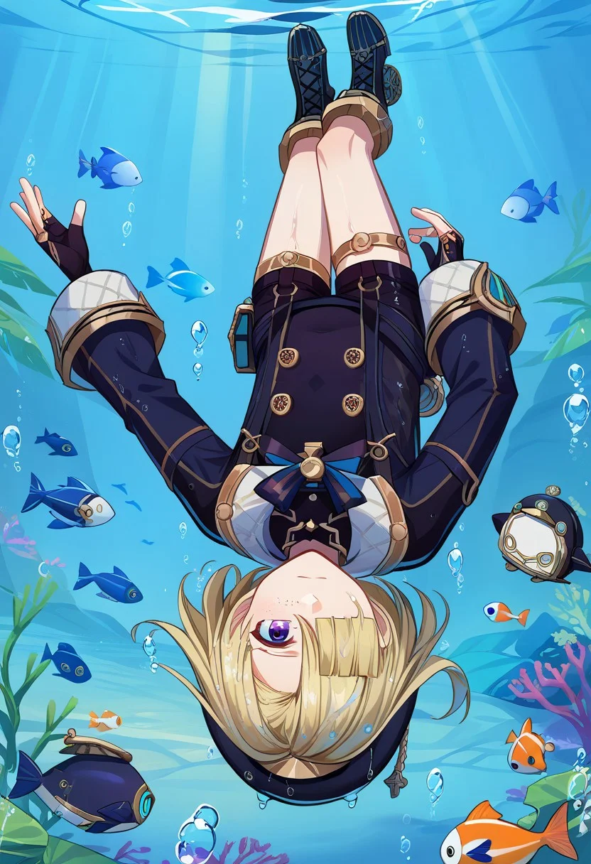 score_9, score_7_up, source_anime
freminet, 1boy, male focus, solo, purple eyes, blonde hair, hair over one eye, freckles, hat, beret, black headwear, diving suit, jacket, blue jacket, long sleeves, buttons, bow, blue bow, gloves, black gloves, fingerless gloves, shorts, black short, holster, thigh strap, boots, cross-laced footwear, black footwear,
pers, robot, pers (robot), smile,
diving, air bubble, bubble, light rays, underwater, fish, swimming, wet, wet hair, diving, upside-down,