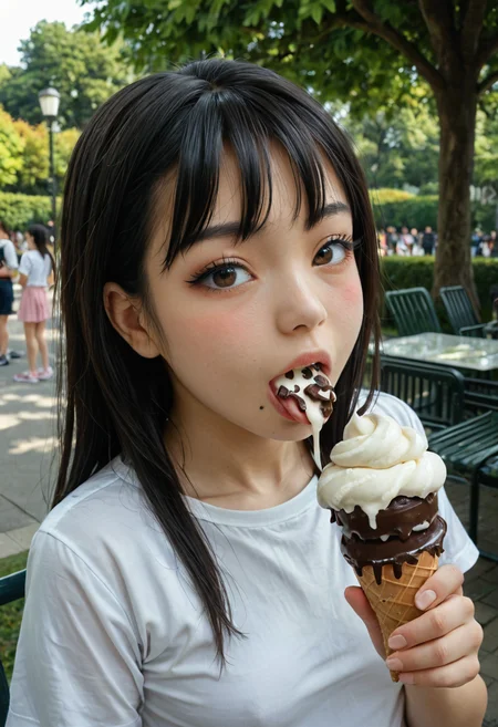 clocse-up, female, eating ice cream, chocolate ice cream, big cornucopia, japanese, black eyeliner, dark brown eyes, dry black hair, blush, large white shirt, small breasts, park in background, tongue <lora:SDXL\hand 5.5>