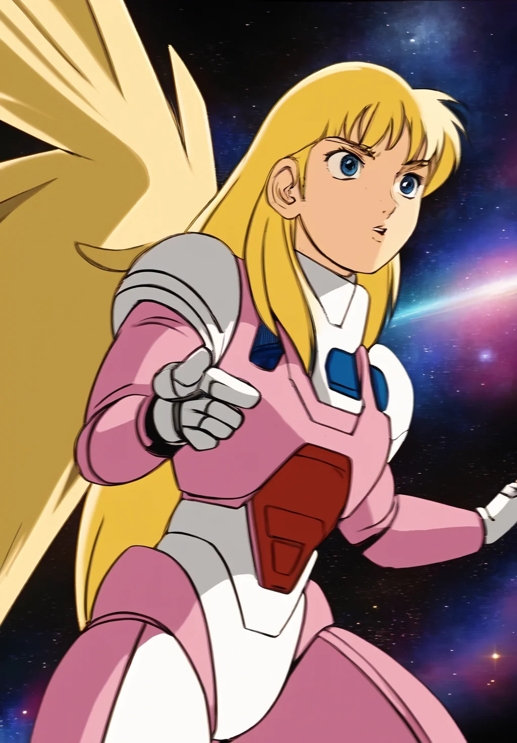 <lora:April_Eagle:0.8>, April_Eagle, solo, 1girl, pink armor, blond hair, blue eyes, space, Action Pose