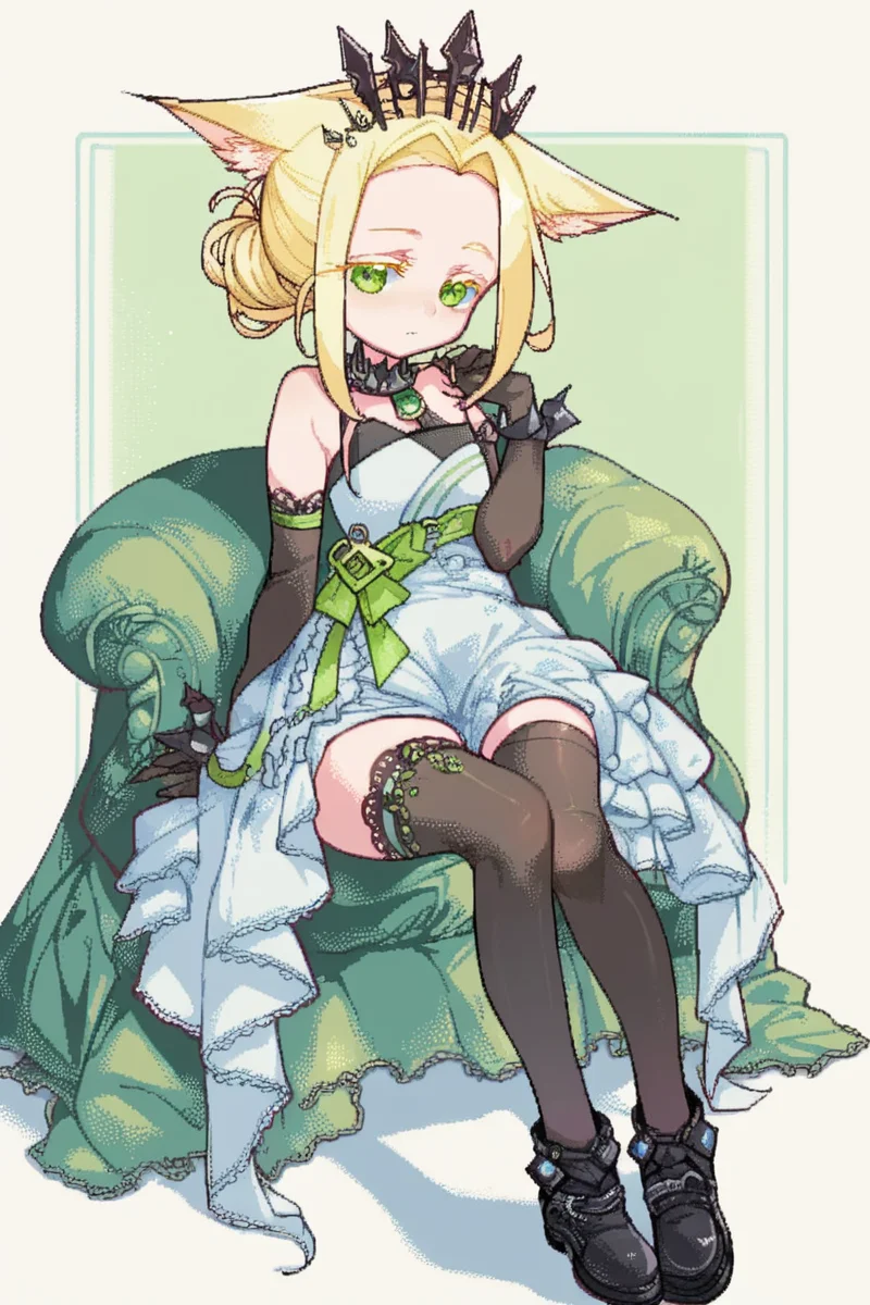 score_9, score_8_up, score_7_up, score_6_up,
<lora:TOXIC_RAMEN:1> toxra, 1girl, green eyes, solo, blonde hair, animal ears, black footwear, crown, gloves, thighhighs, elbow gloves, forehead, sitting