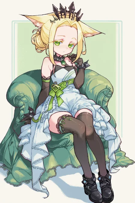 score_9, score_8_up, score_7_up, score_6_up,
 <lora:TOXIC_RAMEN:1> toxra, 1girl, green eyes, solo, blonde hair, animal ears, black footwear, crown, gloves, thighhighs, elbow gloves, forehead, sitting