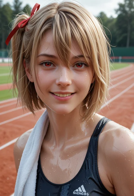 score_9_up, score_8_up, score_7_up, score_6_up, 1girl, 25 years old, perfect face, (adult), sexy, 
detailed face, portrait, face focus, depth of field, looking at viewer, blush, shy smile, close up, 
red eyes, 
blonde hair, short hair, bob cut, hair ribbon, red ribbon, hair between eyes, sidelocks, one side up, 
black sports top, 
towel around the neck,
sweat, wet skin, wet clothes, wet hair,
running track, track and field, trees, day,