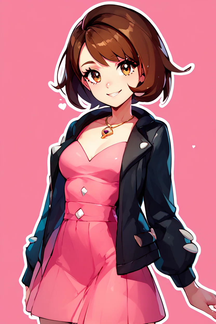 score_9, score_8_up, score_8, medium breasts, (curvy), cute, eyelashes, BREAK, Gloria (pokemon), brown hair, brown eyes, pink dress, jewelry, black jacket, open clothes, long sleeves, BREAK, smile, looking at viewer, abstract background, white outline, embedding:zPDXL, Expressiveh, <lora:MarnieGloriaPDXL_v1:0.8>, <lora:CatalystStylePDXL:0.6>, <lora:Expressive_H-000001:0.4>,