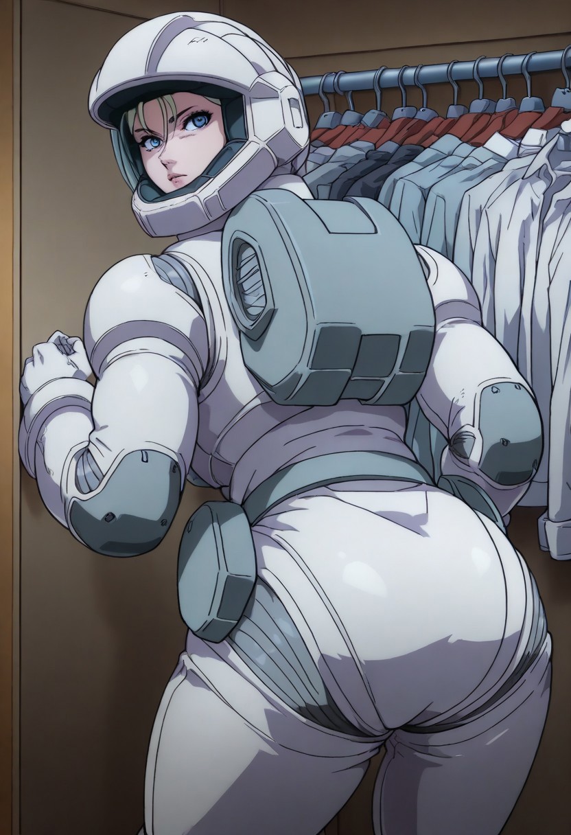 masterpiece, best quality, good quality, GTBClaudia, 1girl, solo, blonde hair, blue eyes, white spacesuit, gloves, helmet, from behind, looking back, looking at viewer, ass, ass focus, BREAK, indoors, closet, clothes hanger