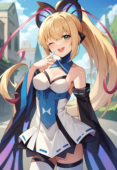 score_9, score_8_up, score_7_up, masterpiece, source_anime, 1girl, ct_lumen, blonde hair, long hair, green eyes, ponytail, butterfly hair ornament, antennae, medium breasts, short dress, detached collar, detached sleeves, wide sleeves, white thigh boots, cowboy shot, outdoors, depth of field, city, looking at viewer, one eye closed, happy, hand on chin, <lora:Lumen_Pony_ct:1>
