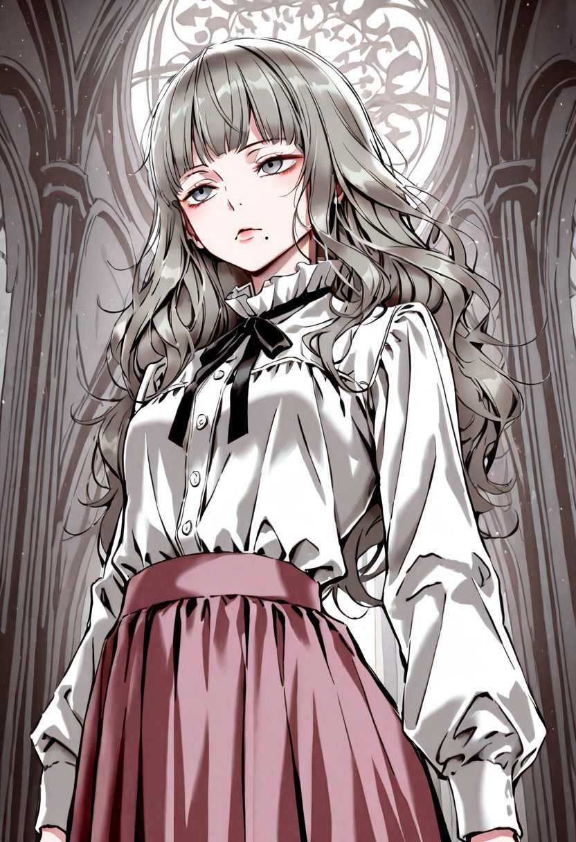 ikujinashinofetishiststyleblendil, masterpiece, best quality, very aesthetic, newest, 1girl, mar1na_fear, detailed face, (mole under mouth: 1.3), white shirt, [[[pink skirt, long skirt]]], grey hair, small breasts, long sleeves, long hair, bangs, black ribbon, neck ribbon, blunt bangs,
upperbody, [eye focus], [grey cathedral background]