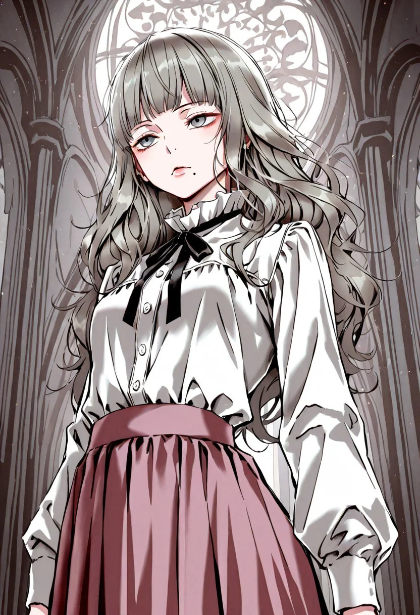 ikujinashinofetishiststyleblendil, masterpiece, best quality, very aesthetic, newest, 1girl, mar1na_fear, detailed face, (mole under mouth: 1.3), white shirt, [[[pink skirt, long skirt]]], grey hair, small breasts, long sleeves, long hair, bangs, black ribbon, neck ribbon, blunt bangs,
upperbody, [eye focus], [grey cathedral background]