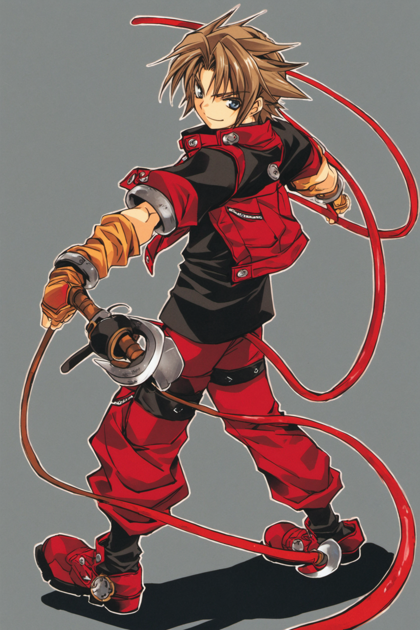 Coud Van Giruet,solo,1boy,male focus,gloves,brown hair,holding,hook,cord,whip,fingerless gloves,jacket,smile,pants,<lora:Azuma Mayumi_XL:0.8>,