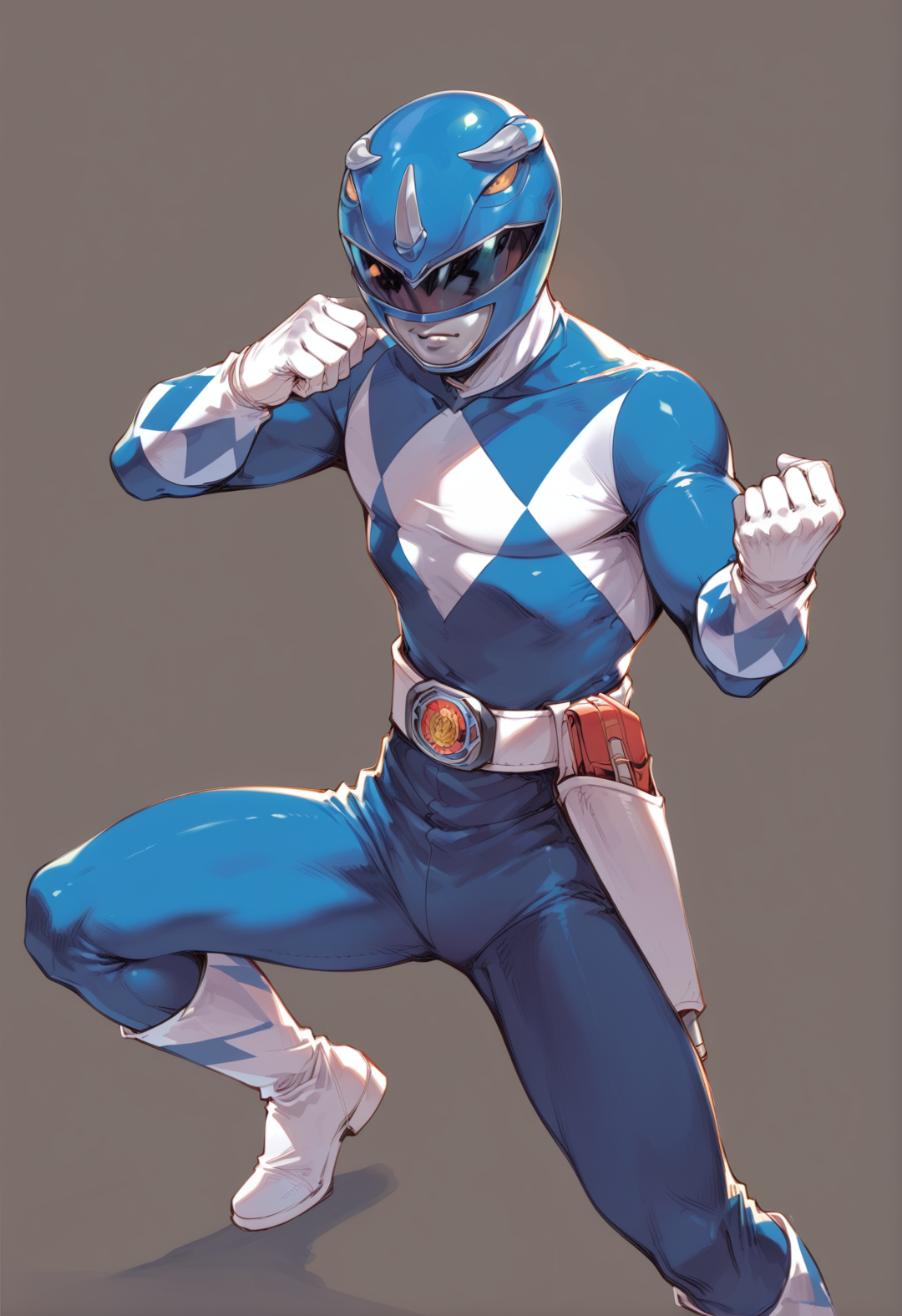 (score_9:0.9),score_8_up,score_7_up,rating_safe,anime style,(zPDXL),<lora:Blue Power Ranger ponyXL v2.1:0.78>,1boy,blue motorcycle helmet,fighting stance,,white gloves,blue bodysuit,blue power ranger,white boots,visor,grey background, holding kunai, kunai,