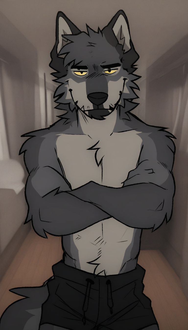 <lora:Maggotnizer_Art_Style_NAI-XL:1> Maggotnizer, solo, male, anthro, furry, 2d artwork, flat colors, wolf, muscular, grey fur, yellow eyes, shirtless, shorts, looking at viewer, arms crossed, (((interior background))), best quality, masterpiece