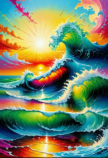 painting, Nature seascape, at Sunrise, creative, cinematic atmosphere, dynamic composition, detailed, dynamic background, holy, full color, surreal, fine artistic composition, flowing, Jed-Splash, colourful, <lora:ColourfulStyle:0.7>