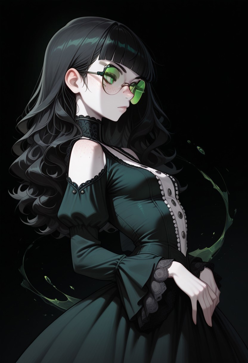 high_quality, highres, detailed, masterpiece, best quality, absurdres,Claudia, ClaudiaRH,  long black hair, wavy hair, blunt bangs, green eyes, big squared eyeglasses, small breasts, slim, pale skin, freckles, wearing Jedgthd, gothic dress, black lace , high neck, long ruffled sleeves, silver buttons, black background, side view, posing, green lenses,