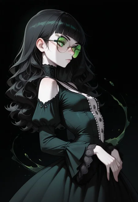 high_quality, highres, detailed, masterpiece, best quality, absurdres,Claudia, ClaudiaRH, long black hair, wavy hair, blunt bangs, green eyes, big squared eyeglasses, small breasts, slim, pale skin, freckles, wearing Jedgthd, gothic dress, black lace , high neck, long ruffled sleeves, silver buttons, black background, side view, posing, green lenses,